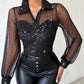 Dot Sheer Mesh Yoke Sequins Top