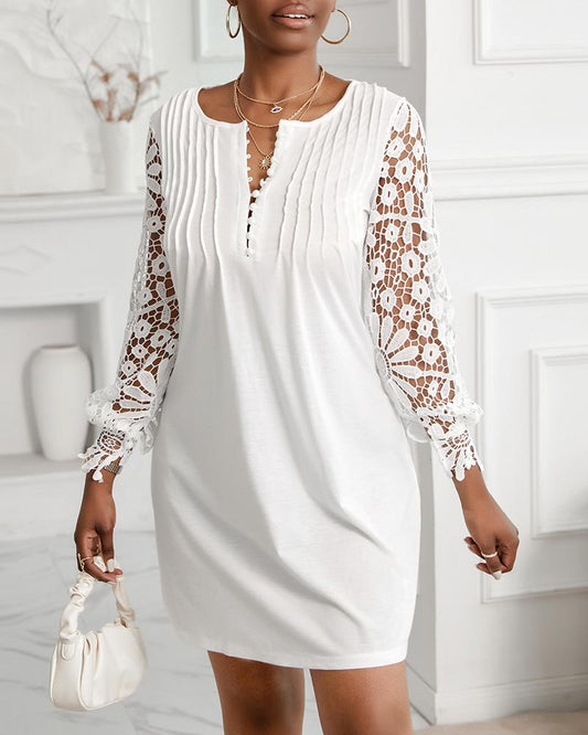 Contrast Lace Long Sleeve Casual Dress