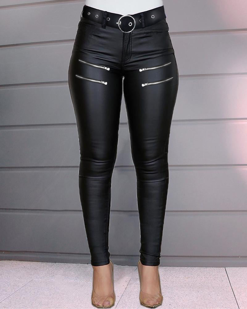 Zipper Design High Waist PU Leather Skinny Pants