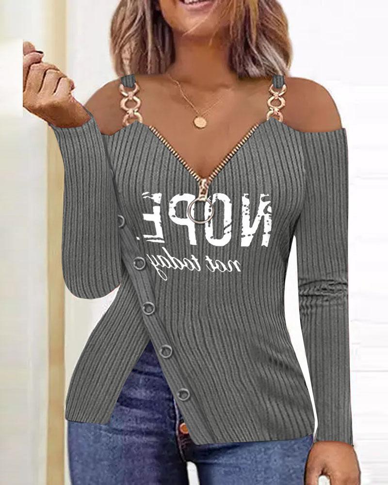 Letter Print Zip Detail Cold Shoulder Top