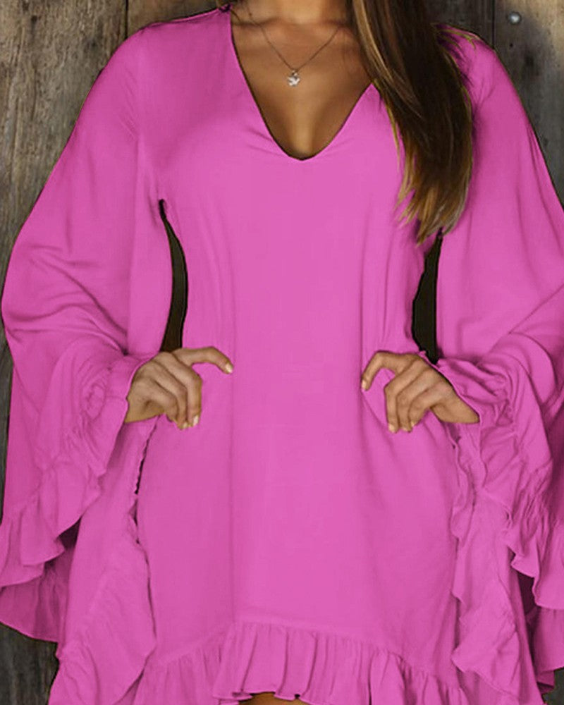 Ruffle Hem Bell Sleeve Casual Dress