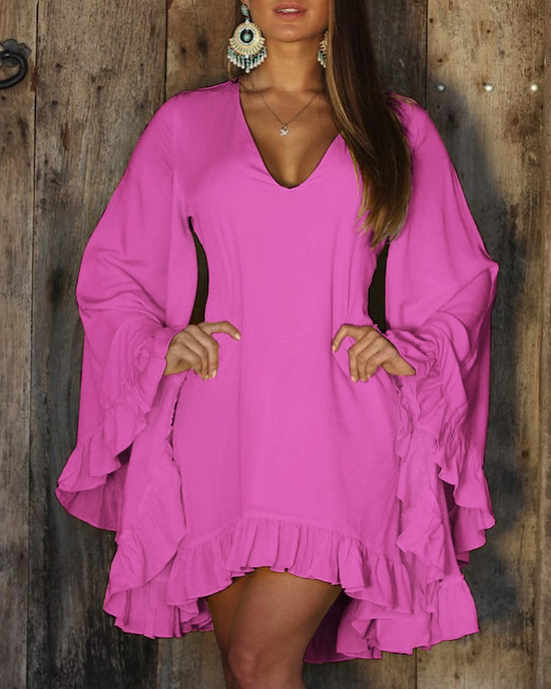 Ruffle Hem Bell Sleeve Casual Dress