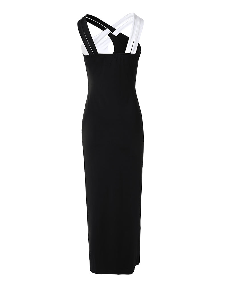 Colorblock Crisscross Halter High Slit Dress