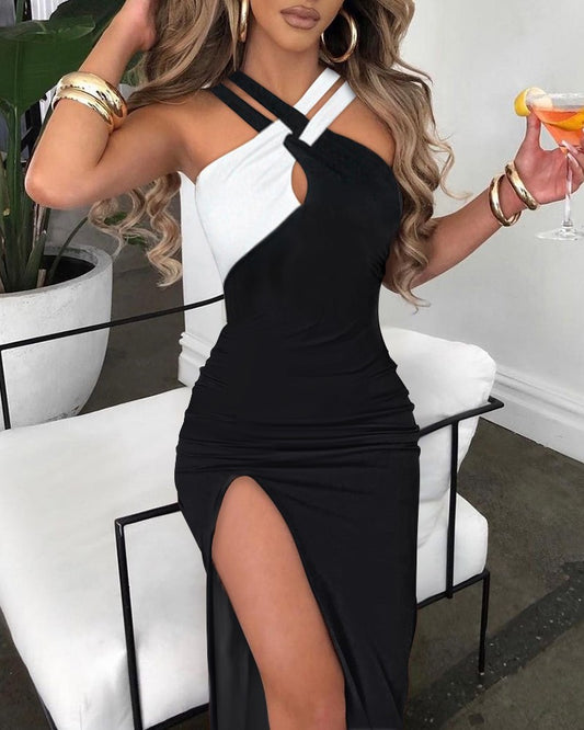Colorblock Crisscross Halter High Slit Dress