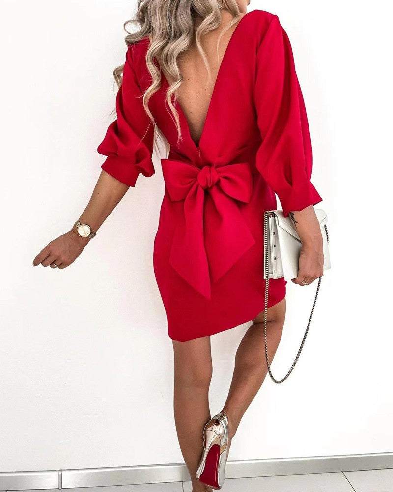 Bowknot Decor V Back Chocolate Party Dress