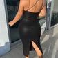 PU Leather High Slit Backless Plunge Midi Dress