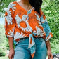 Daisy Print Batwing Sleeve Knotted Top