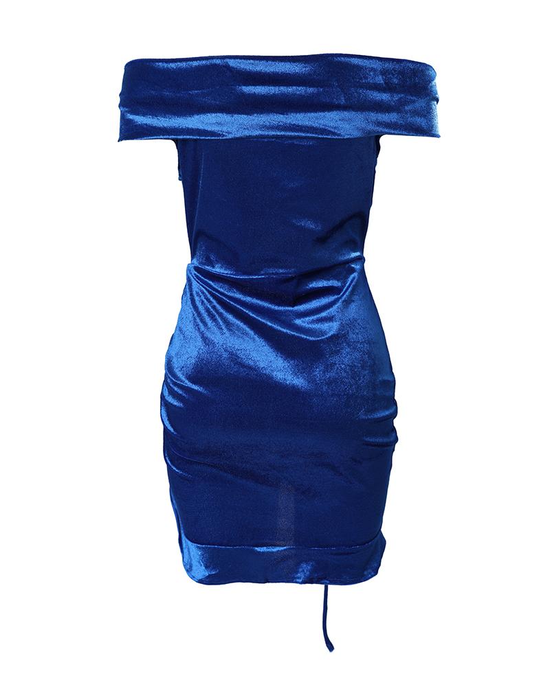 Drawstring Ruched Glitter Off Shoulder Velvet Party Dress
