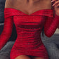 Off Shoulder Ruched Glitter Party Dress
