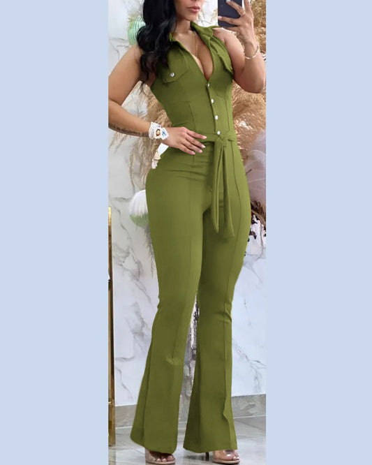 Turn Down Collar Sleeveless Flared Jumpsuit