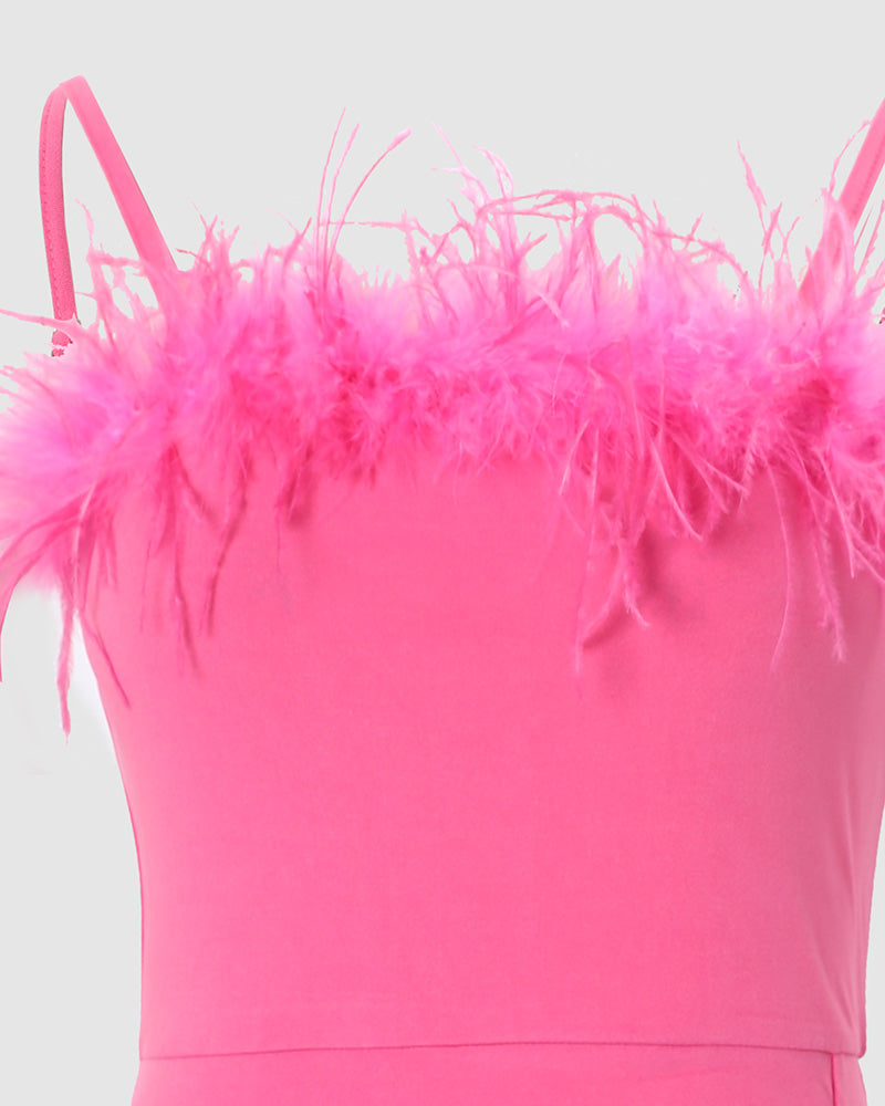 Feather Trim High Slit Party Dress