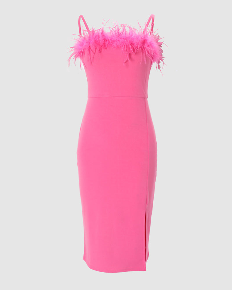 Feather Trim High Slit Party Dress