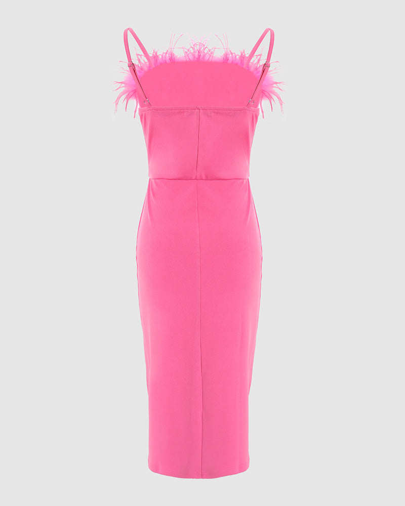 Feather Trim High Slit Party Dress