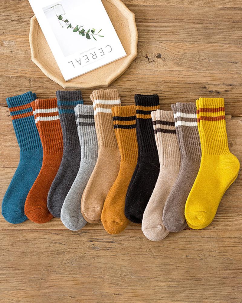 1Pair Striped Lined Winter Thermal Crew Socks