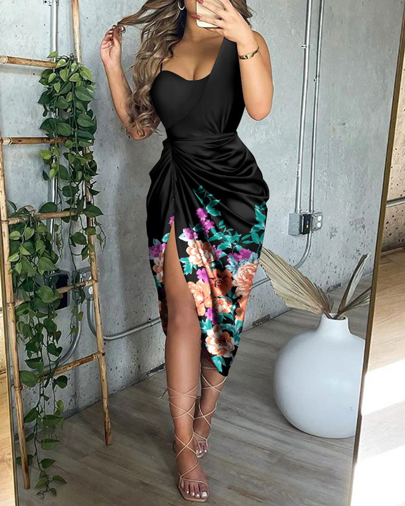 Floral Print Ruched High Slit Satin Dress