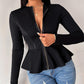 Zip Front PU Leather Ruffles Top