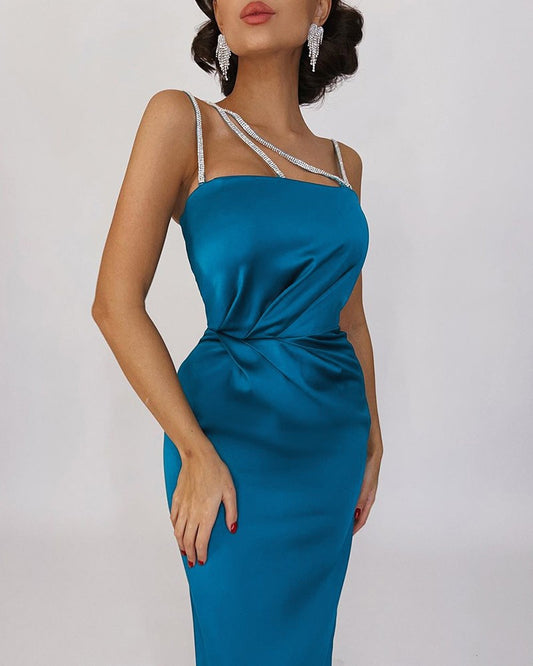 Rhinestone Strap Satin Ruched Party Dress