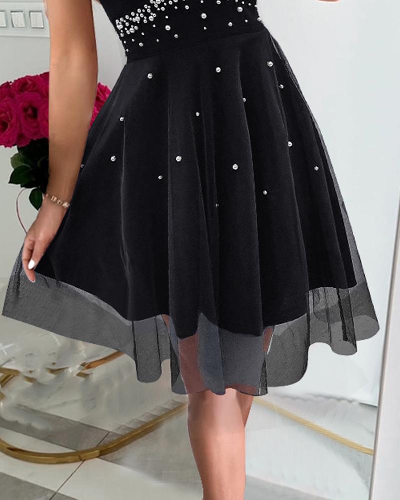 Plunge Beaded Sheer Mesh Ruched Party Dress