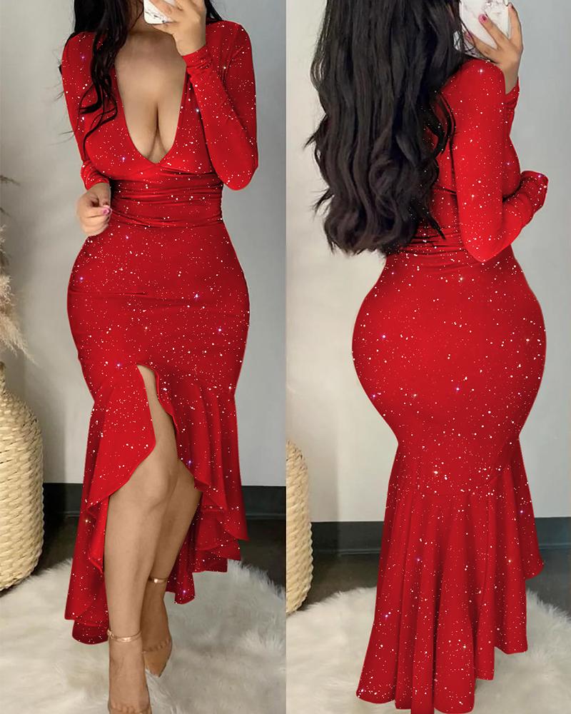 Glitter Long Sleeve Deep V Neck Mermaid Dress