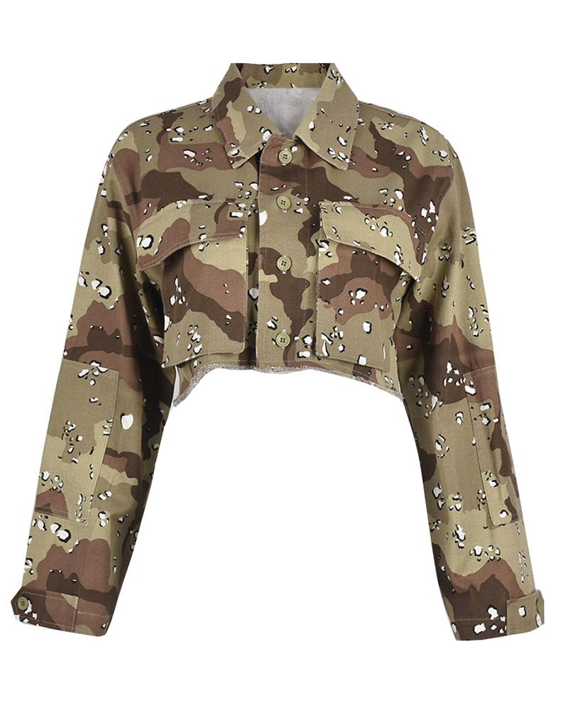 Camouflage Leopard Print Pocket Design Crop Jacket