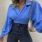 Lantern Sleeve Drop Shoulder Notched Collar Wrap Top