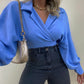 Lantern Sleeve Drop Shoulder Notched Collar Wrap Top