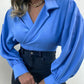 Lantern Sleeve Drop Shoulder Notched Collar Wrap Top