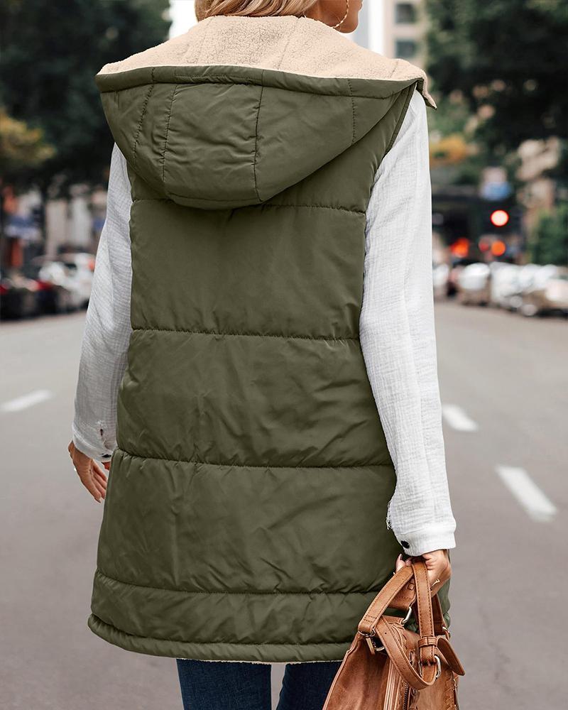 Zipper Design Hooded Versatile Longline Puffer Vest Coat