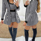 3PCS Houndstooth Print Blazer Coat & Skirt Set With Crop Top