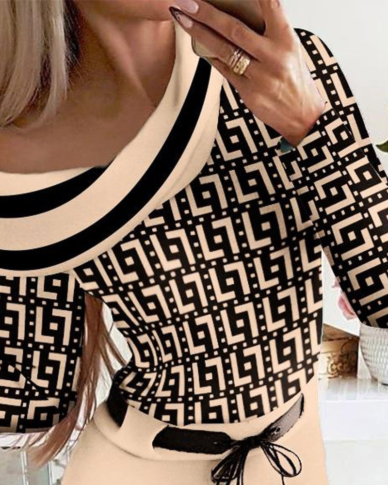 Geometric Print Belted Long Sleeve Dress