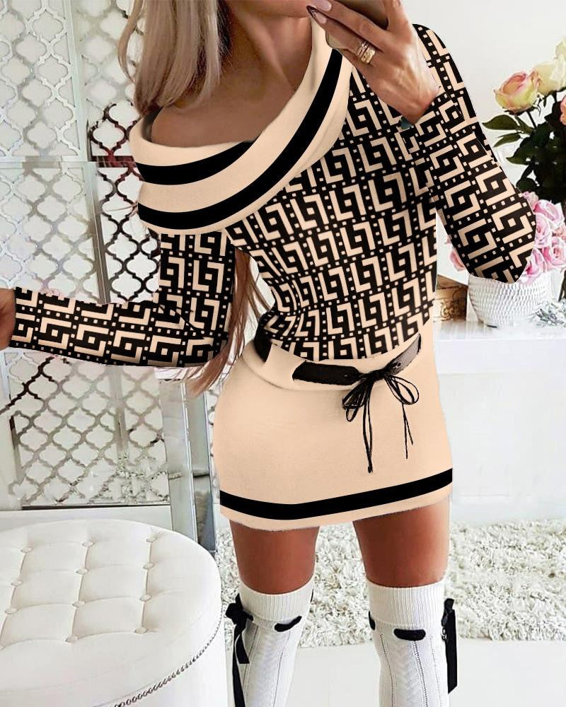 Geometric Print Belted Long Sleeve Dress