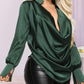 Plunge Long Sleeve Ruched Satin Shirt
