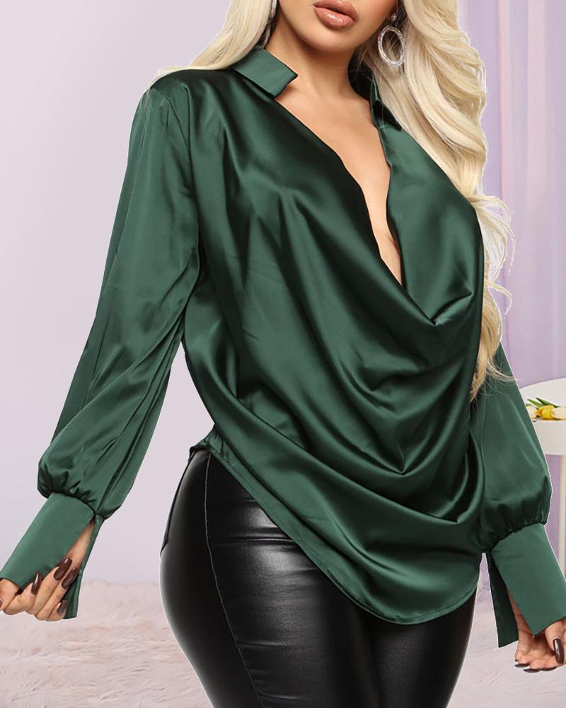 Plunge Long Sleeve Ruched Satin Shirt