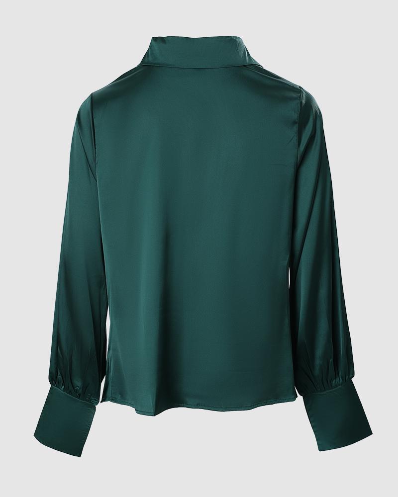 Plunge Long Sleeve Ruched Satin Shirt