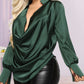 Plunge Long Sleeve Ruched Satin Shirt