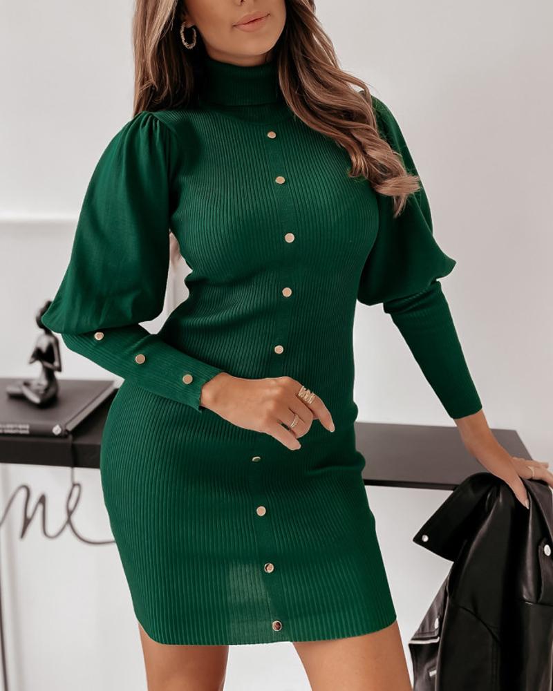 Button Decor Puff Sleeve Work Dress