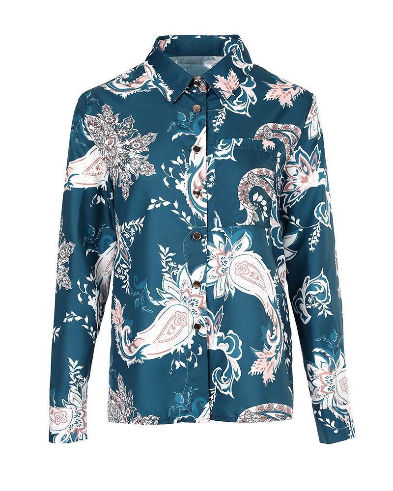 Paisley Pattern Print Long Sleeve Button Down Shirt