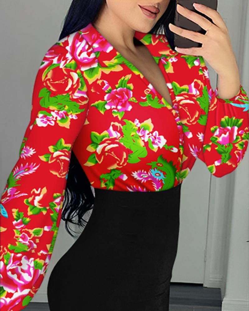 Floral Print Colorblock Lantern Sleeve Bodycon Dress