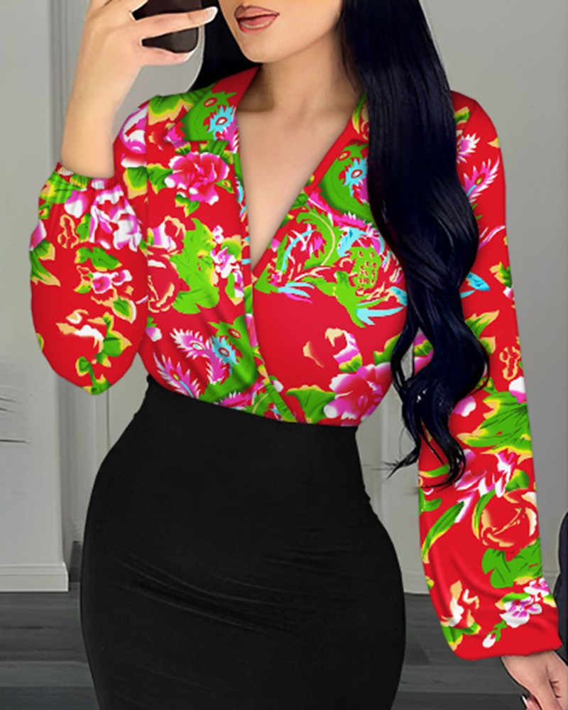 Floral Print Colorblock Lantern Sleeve Bodycon Dress