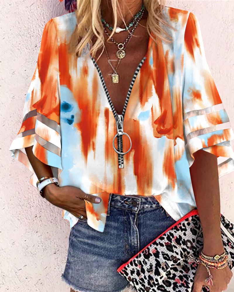 Tie Dye Print Zip Front Bell Sleeve Top