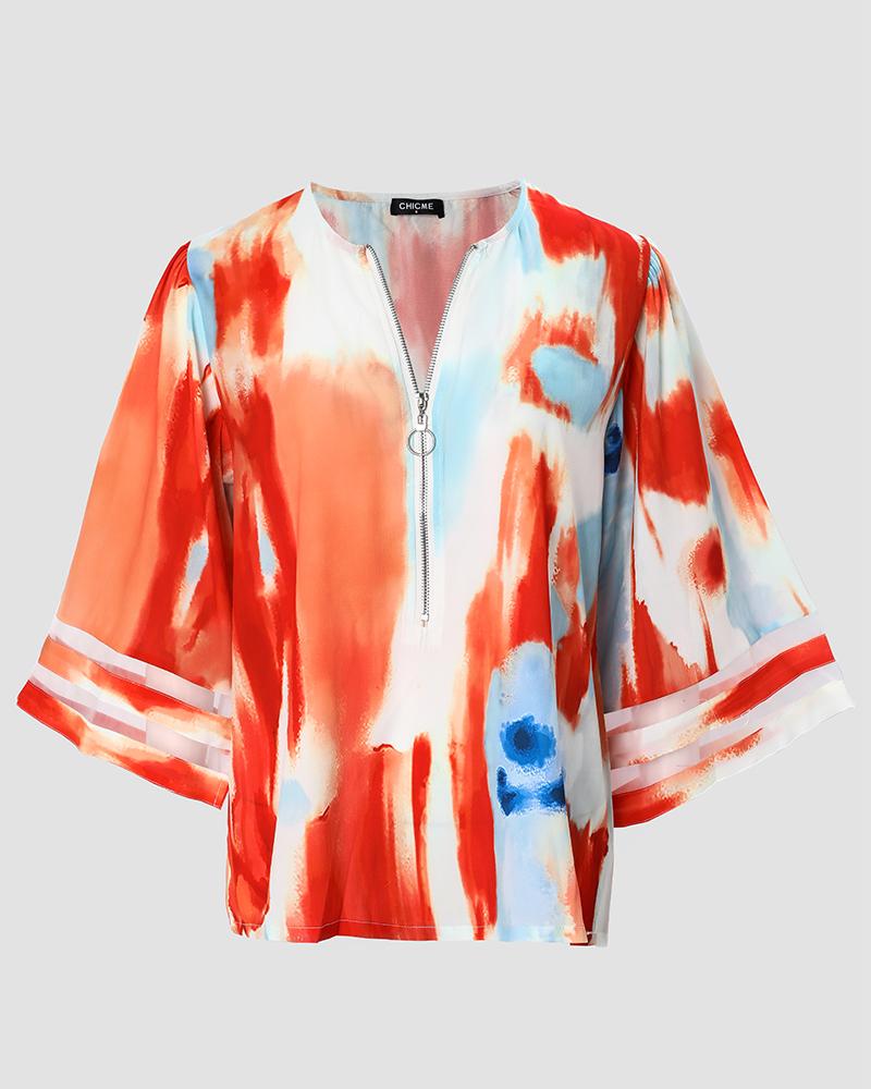 Tie Dye Print Zip Front Bell Sleeve Top