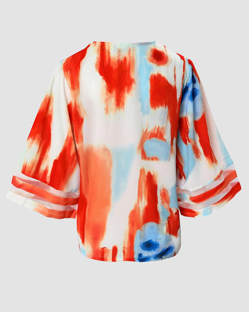Tie Dye Print Zip Front Bell Sleeve Top