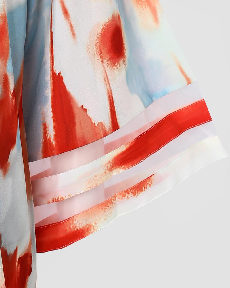 Tie Dye Print Zip Front Bell Sleeve Top