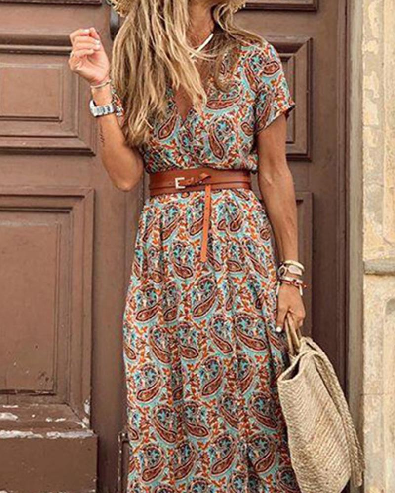 Floral Print Short Sleeve Loose Boho Dress