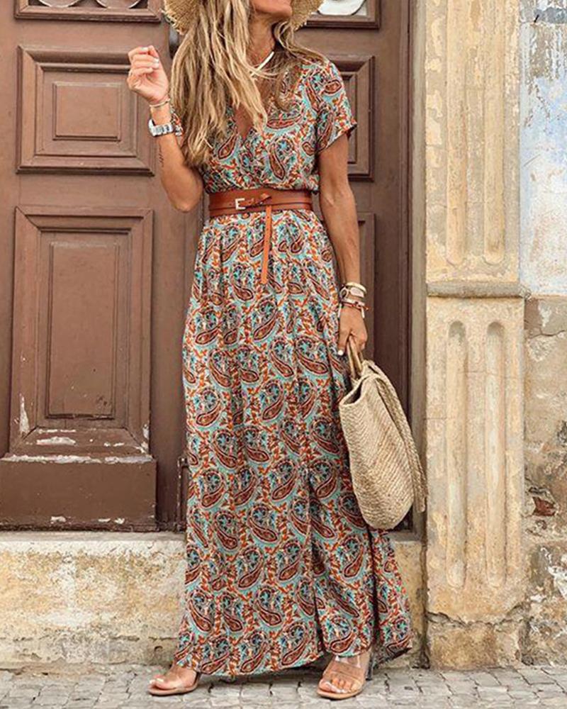 Floral Print Short Sleeve Loose Boho Dress