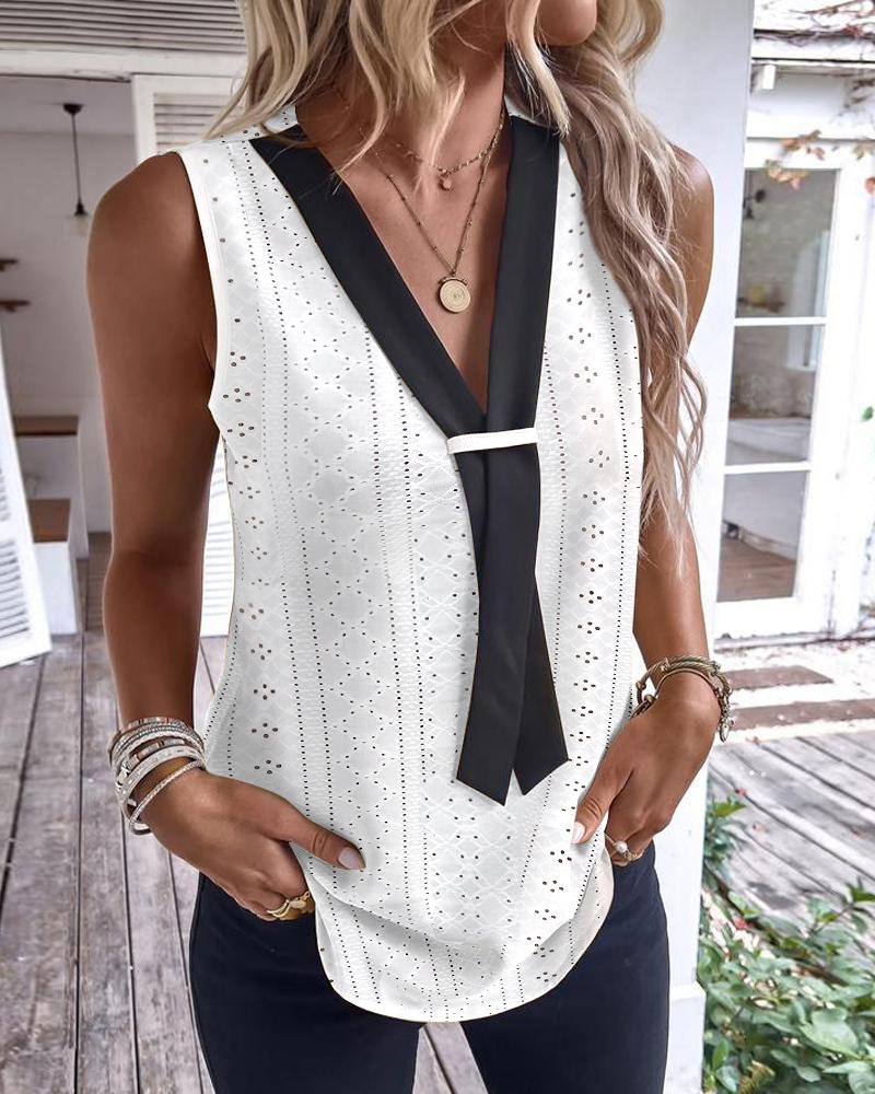 Fake Tie Patch Eyelet Embroidery Tank Top