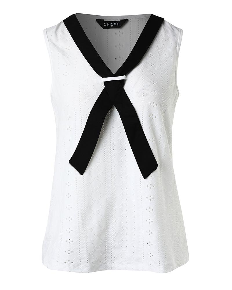 Fake Tie Patch Eyelet Embroidery Tank Top
