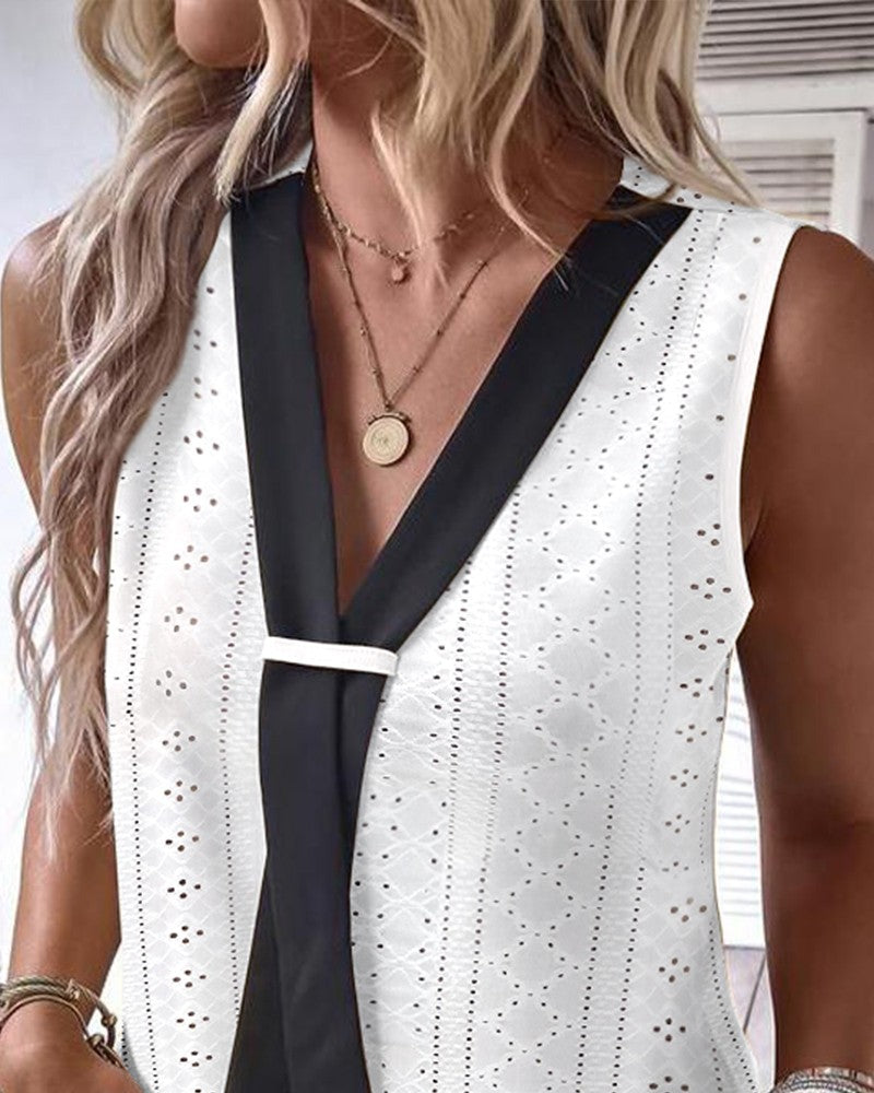 Fake Tie Patch Eyelet Embroidery Tank Top