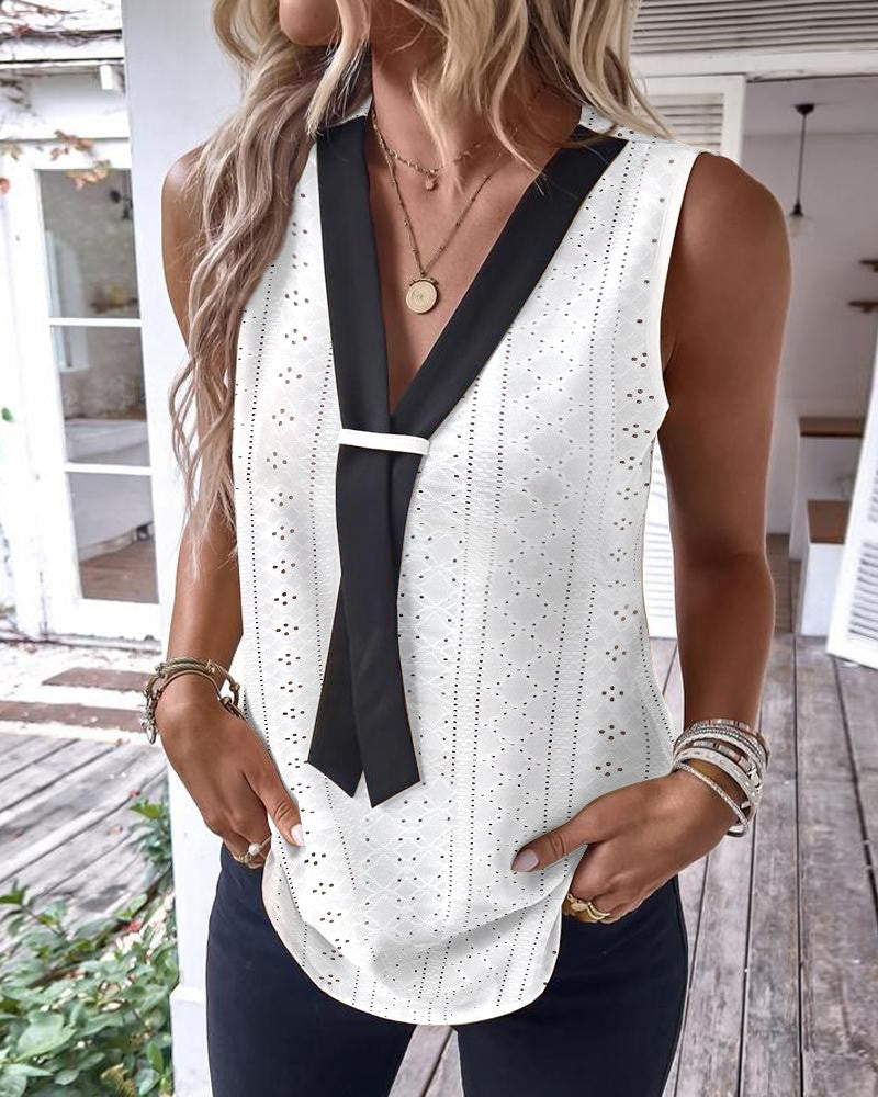 Fake Tie Patch Eyelet Embroidery Tank Top