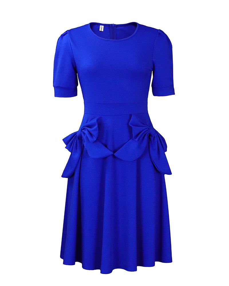 Puff Sleeve Round Neck Bowknot Design Casual Dress